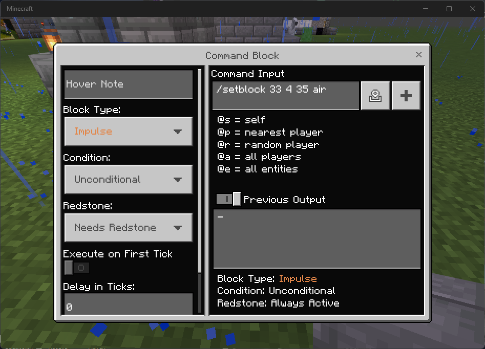 Screenshot showing the command block interface: Impulse block type, Condition set to Unconditional, Redstone set to Needs Redstone, and the command input showing the previously described command