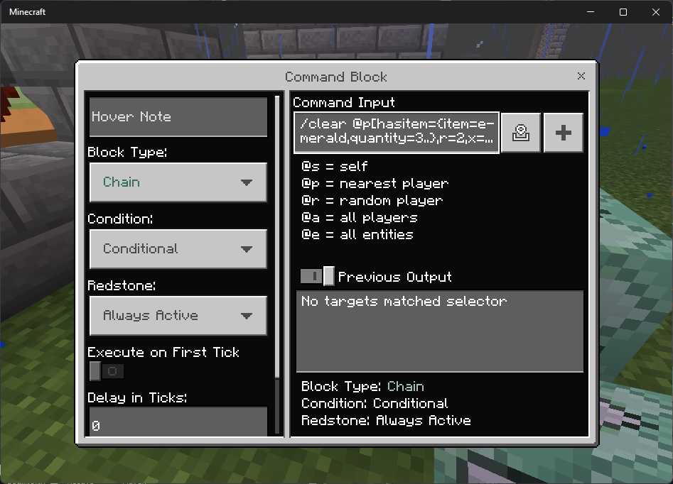 Screenshot showing the command block interface: Chain block type, Condition set to Conditional, Redstone set to Always Active, and the command input showing the previously described command